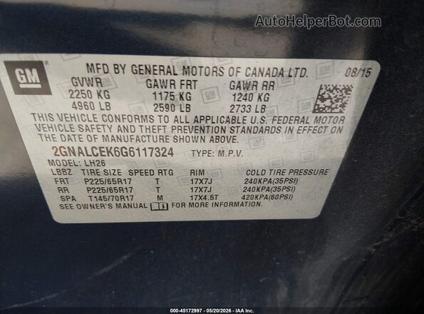 2GNALCEK6G6117324 2016 CHEVROLET EQUINOX Dark Blue Vista del compartimento del motor