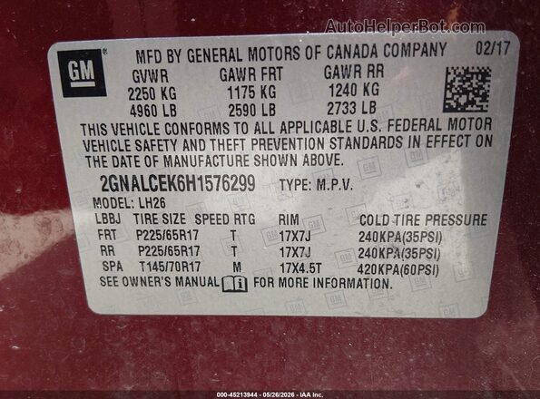 2GNALCEK6H1576299 2017 CHEVROLET EQUINOX Красный Вид подкапотного пространства