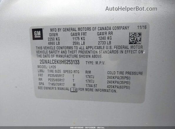 2GNALCEK8H6253133 2017 CHEVROLET EQUINOX Серебряный Вид подкапотного пространства