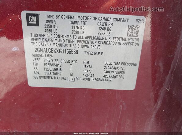 2GNALCEKXG1155538 2016 CHEVROLET EQUINOX Бордовый Вид подкапотного пространства