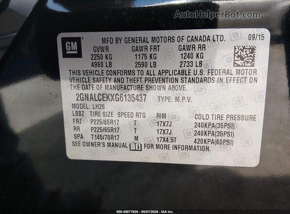 2GNALCEKXG6135437 2016 CHEVROLET EQUINOX Черный Вид подкапотного пространства
