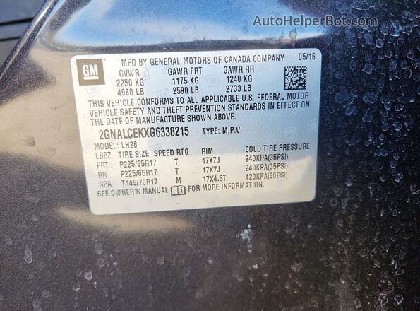 2GNALCEKXG6338215 2016 CHEVROLET EQUINOX Charcoal Вид наклейки з VIN-кодом