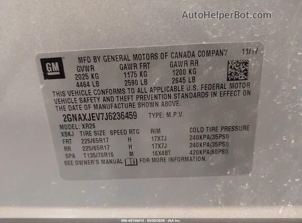 2GNAXJEV7J6236459 2018 CHEVROLET EQUINOX Серебряный Вид подкапотного пространства