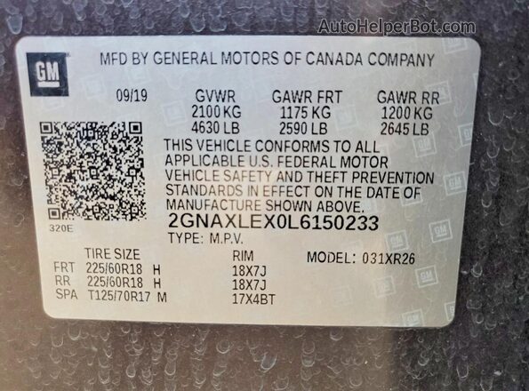 2GNAXLEX0L6150233 2020 CHEVROLET EQUINOX Коричневый Панорамный вид салона 360°
