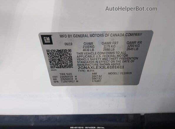 2GNAXLEX3L6101611 2020 CHEVROLET EQUINOX Белый Вид подкапотного пространства