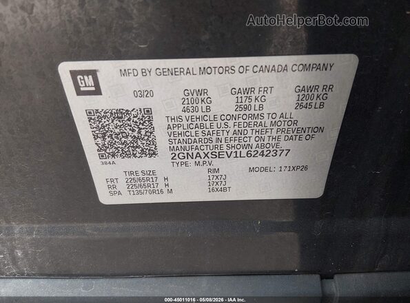 2GNAXSEV1L6242377 2020 CHEVROLET EQUINOX Серый Вид подкапотного пространства