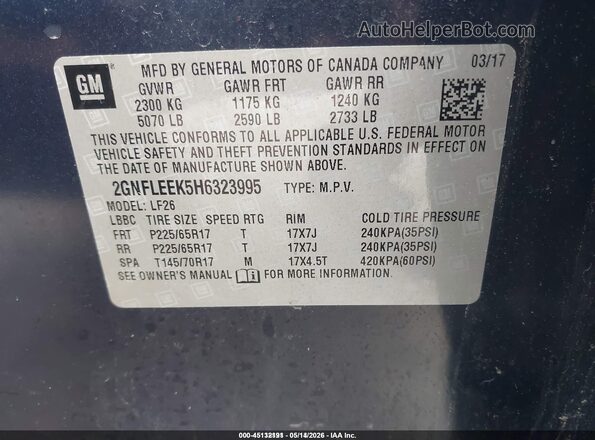 2GNFLEEK5H6323995 2017 CHEVROLET EQUINOX Blue Widok komory silnika