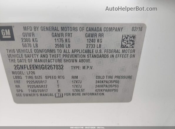 2GNFLEEK6G6267032 2016 CHEVROLET EQUINOX Белый Вид подкапотного пространства