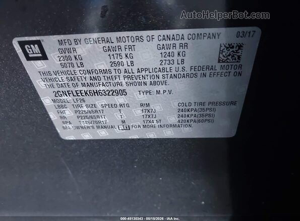 2GNFLEEK6H6322905 2017 CHEVROLET EQUINOX Gray Vista del compartimento del motor