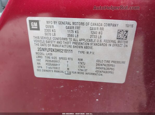 2GNFLFEK0H6218111 2017 CHEVROLET EQUINOX Красный Вид подкапотного пространства