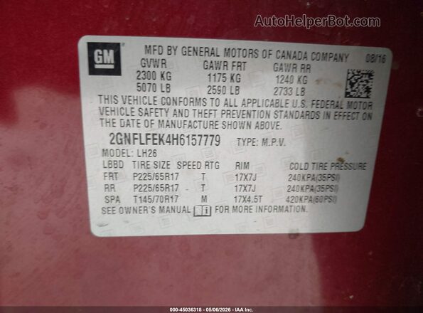 2GNFLFEK4H6157779 2017 CHEVROLET EQUINOX Красный Вид подкапотного пространства