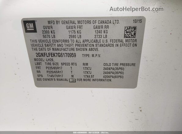 2GNFLFEK7G6170959 2016 CHEVROLET EQUINOX Белый Вид подкапотного пространства