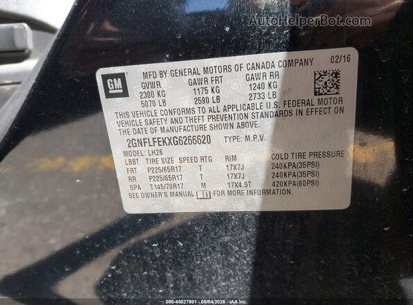 2GNFLFEKXG6266620 2016 CHEVROLET EQUINOX Черный Вид подкапотного пространства