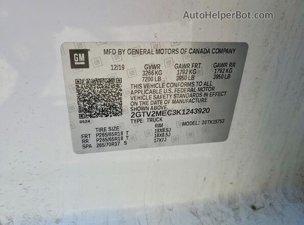2GTV2MEC3K1243920 2019 GMC SIERRA White Widok komory silnika