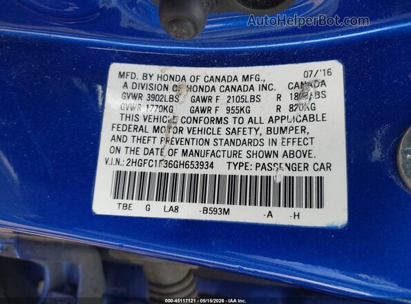 2HGFC1F36GH653934 2016 HONDA CIVIC Blue Вид підкапотного простору