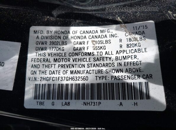 2HGFC1F37GH632560 2016 HONDA CIVIC Черный Вид подкапотного пространства