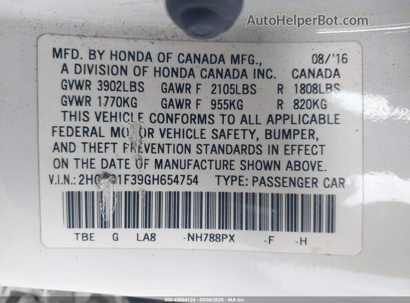 2HGFC1F39GH654754 2016 HONDA CIVIC Белый Вид подкапотного пространства