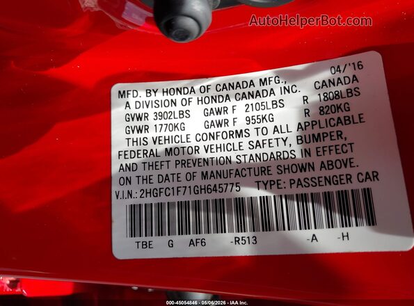 2HGFC1F71GH645775 2016 HONDA CIVIC Красный Вид подкапотного пространства
