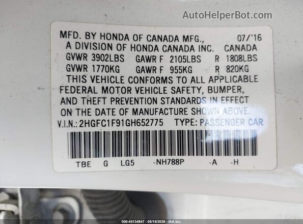 2HGFC1F91GH652775 2016 HONDA CIVIC White Вид підкапотного простору