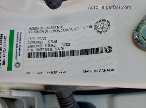 2HGFC1F93LH101290 2020 HONDA CIVIC White VIN კოდის სტიკერის ხედი