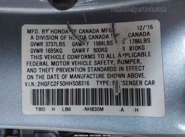 2HGFC2F50HH508316 2017 HONDA CIVIC Silver ძრავის განყოფილების ხედი