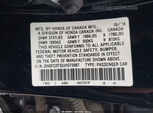 2HGFC2F50JH575987 2018 HONDA CIVIC Black Вид підкапотного простору