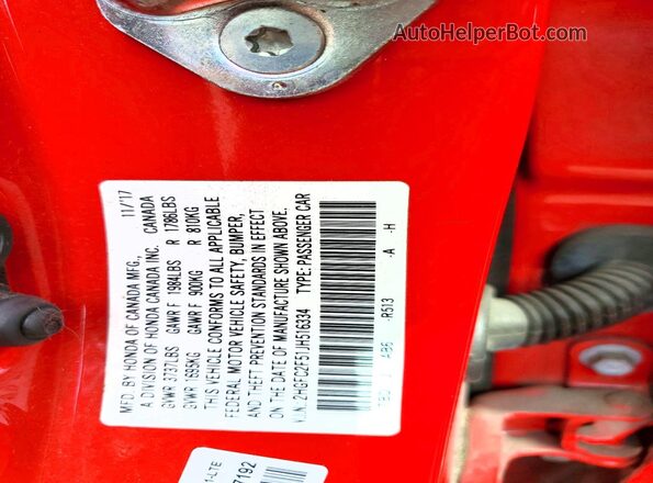 2HGFC2F51JH516334 2018 HONDA CIVIC Red ძრავის განყოფილების ხედი