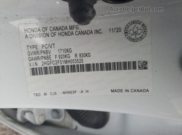 2HGFC2F51MH003525 2021 HONDA CIVIC White Vista del compartimento del motor