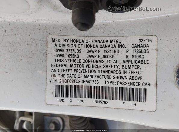 2HGFC2F52GH541736 2016 HONDA CIVIC White Շարժիչի բաժամունքի տեսք