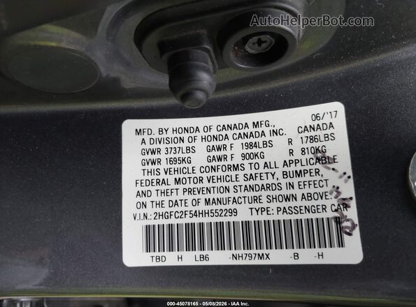2HGFC2F54HH552299 2017 HONDA CIVIC Серый Вид подкапотного пространства