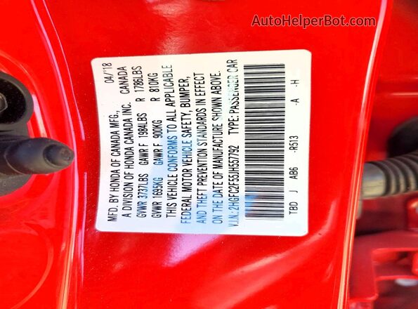 2HGFC2F55JH557792 2018 HONDA CIVIC Red Вид наклейки з VIN-кодом