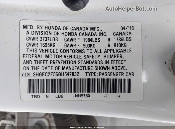 2HGFC2F56GH547832 2016 HONDA CIVIC Белый Вид подкапотного пространства