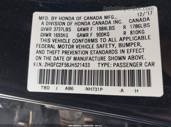 2HGFC2F56JH521433 2018 HONDA CIVIC Black Widok komory silnika