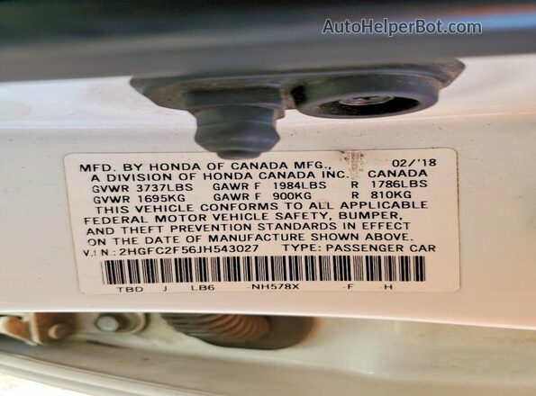 2HGFC2F56JH543027 2018 HONDA CIVIC Белый Вид подкапотного пространства
