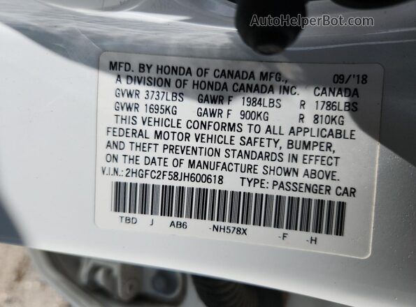 2HGFC2F58JH600618 2018 HONDA CIVIC White Вид підкапотного простору