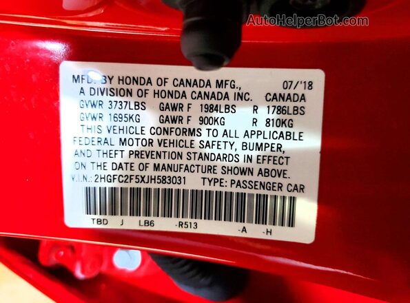 2HGFC2F5XJH583031 2018 HONDA CIVIC Red Շարժիչի բաժամունքի տեսք