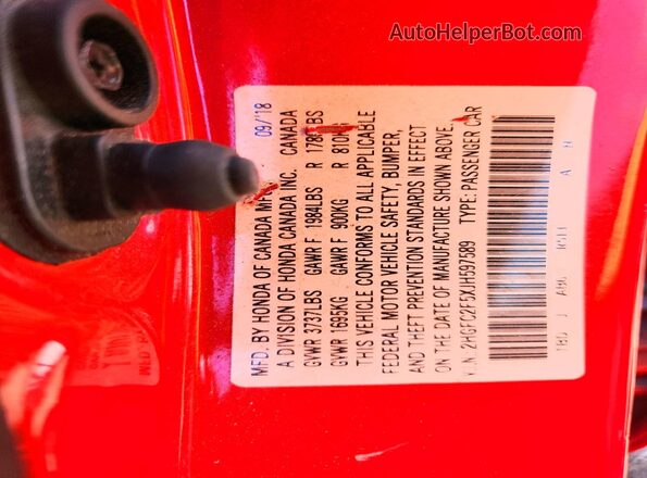 2HGFC2F5XJH597589 2018 HONDA CIVIC Red Вид наклейки з VIN-кодом