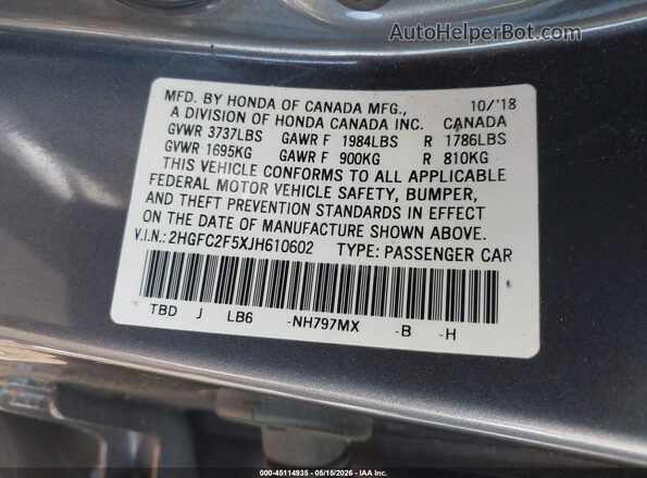2HGFC2F5XJH610602 2018 HONDA CIVIC Серый Вид подкапотного пространства