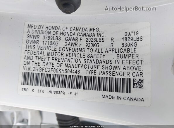 2HGFC2F60KH604446 2019 HONDA CIVIC White ძრავის განყოფილების ხედი