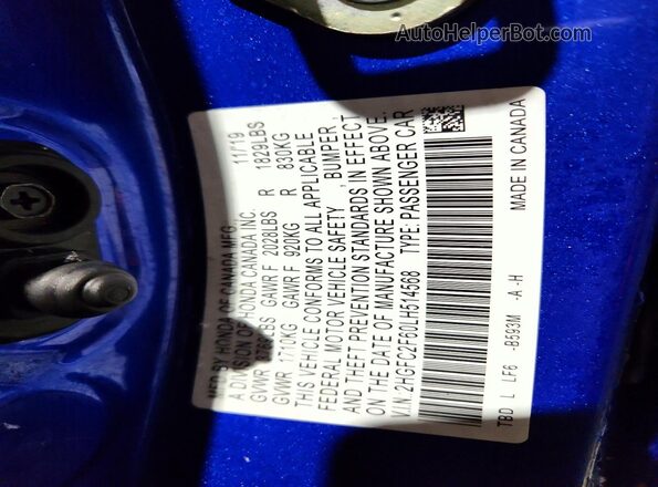 2HGFC2F60LH514568 2020 HONDA CIVIC Blue Widok naklejki z numerem VIN