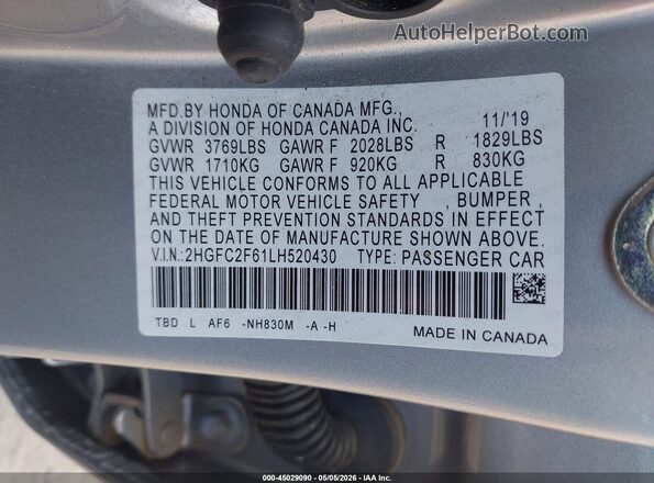 2HGFC2F61LH520430 2020 HONDA CIVIC Серебряный Вид подкапотного пространства