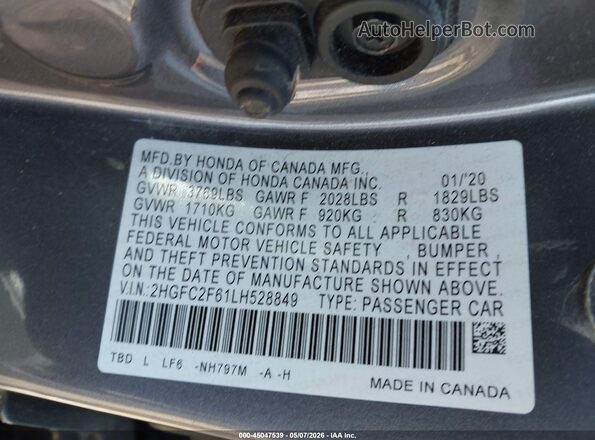 2HGFC2F61LH528849 2020 HONDA CIVIC Серый Вид подкапотного пространства