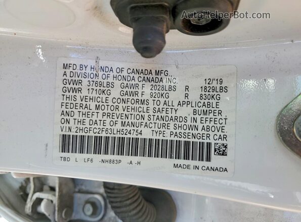 2HGFC2F63LH524754 2020 HONDA CIVIC Белый Вид подкапотного пространства