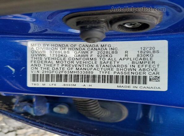 2HGFC2F63MH533889 2021 HONDA CIVIC Blue Engine compartment view