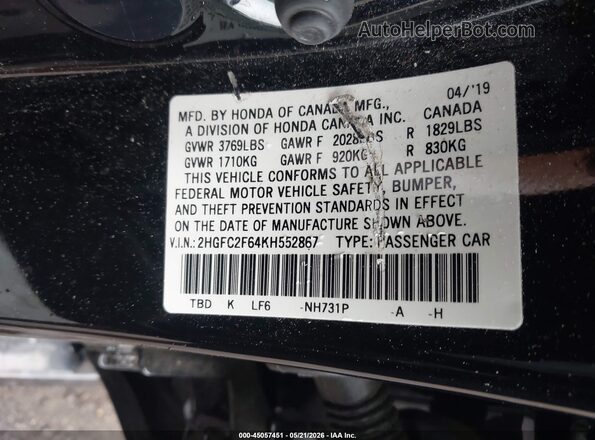 2HGFC2F64KH552867 2019 HONDA CIVIC Black Vista del compartimento del motor