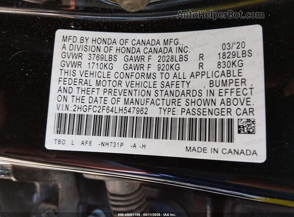 2HGFC2F64LH547962 2020 HONDA CIVIC Черный Вид подкапотного пространства