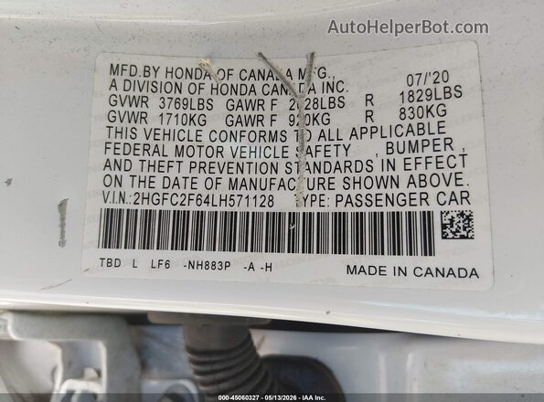 2HGFC2F64LH571128 2020 HONDA CIVIC White Widok komory silnika