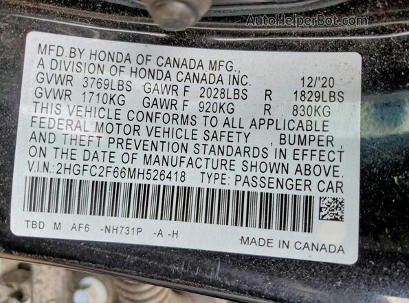 2HGFC2F66MH526418 2021 HONDA CIVIC Black VIN კოდის სტიკერის ხედი