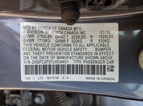 2HGFC2F67LH534431 2020 HONDA CIVIC Charcoal Widok komory silnika