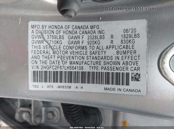 2HGFC2F67LH564108 2020 HONDA CIVIC Серебряный Вид подкапотного пространства